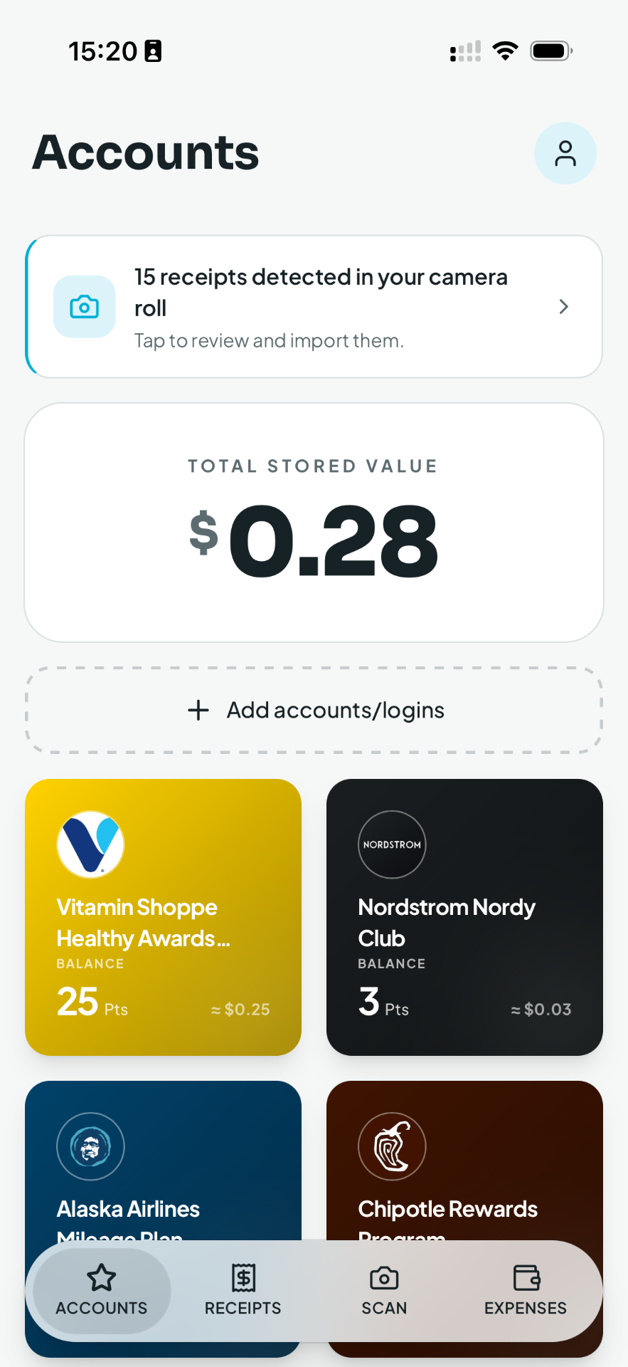 Mylo Accounts: loyalty points and total stored value