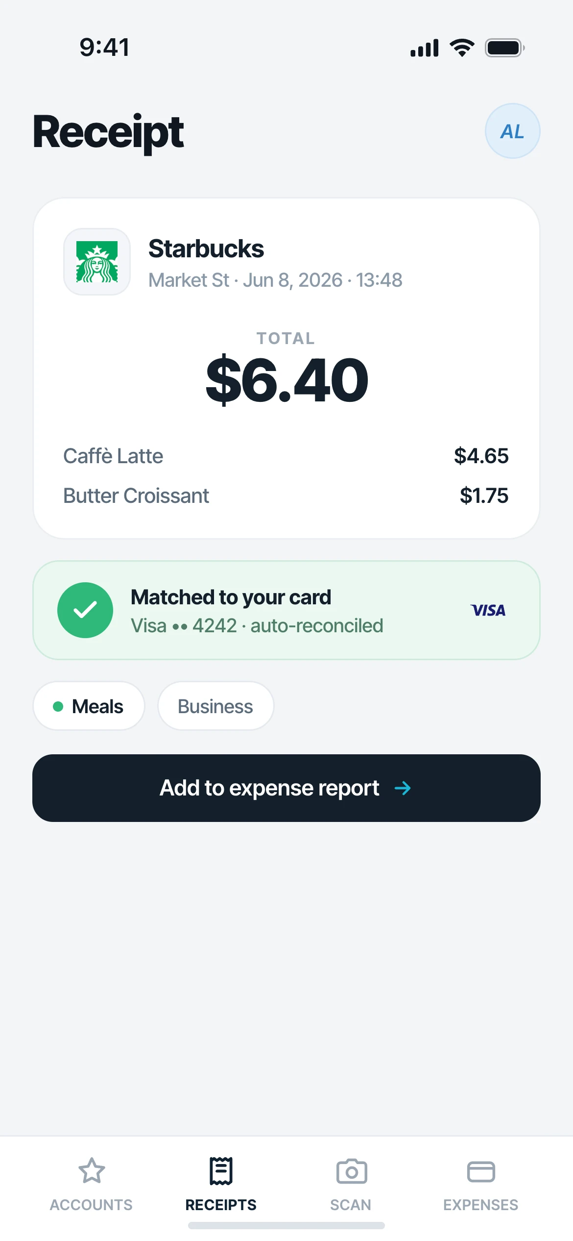 Mylo receipt detail showing an itemized Starbucks receipt matched to a Visa card, ready for an expense report