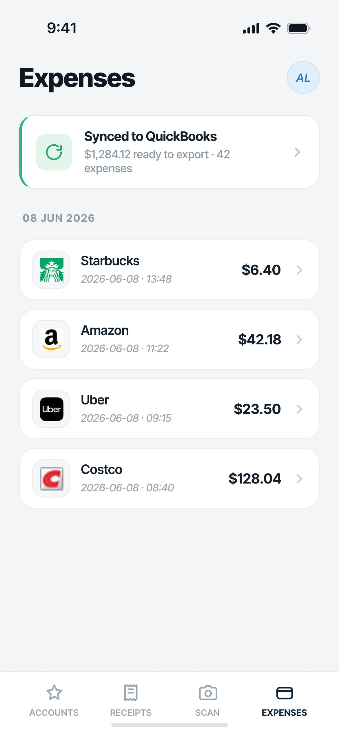 Mylo expenses synced to QuickBooks, categorized with receipts attached