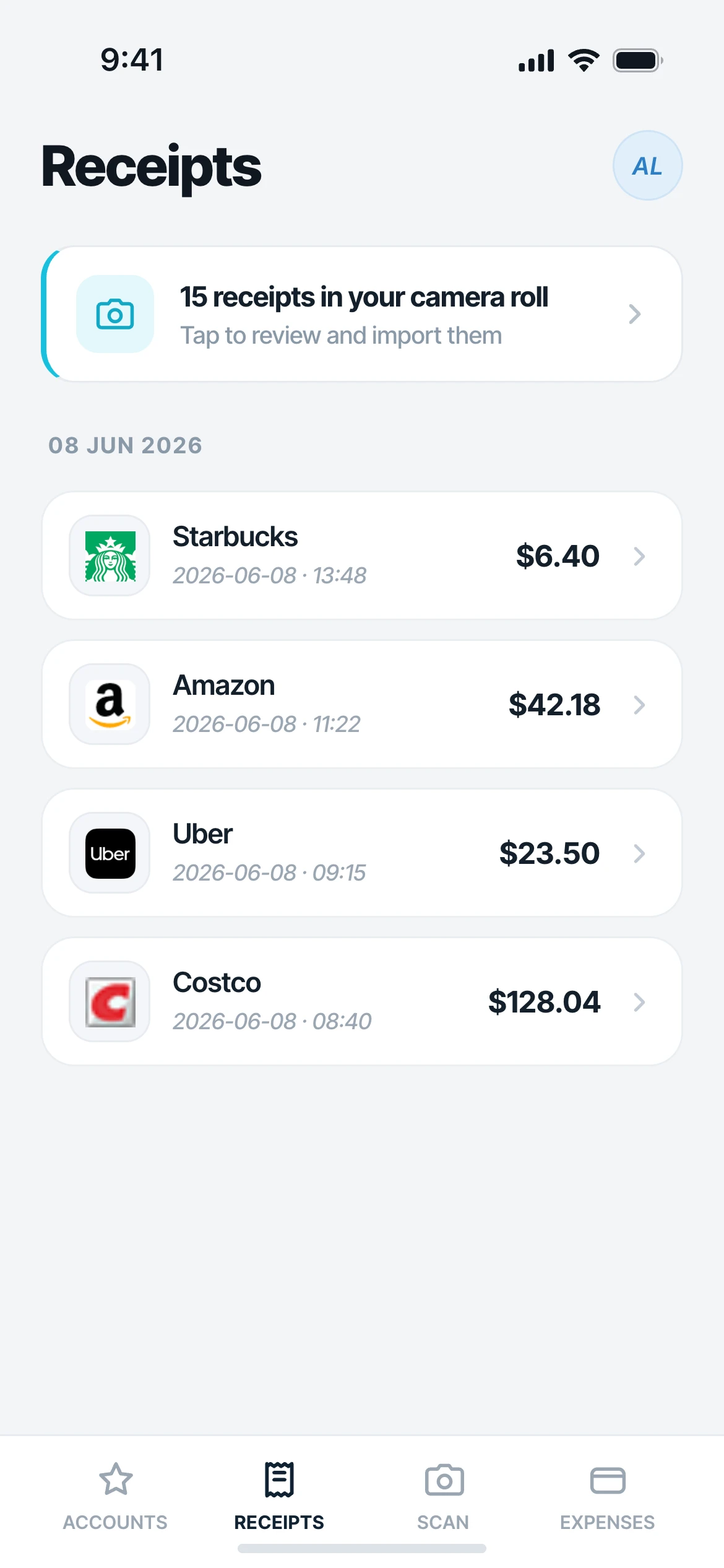 Mylo app receipts screen with Starbucks, Amazon, Uber and Costco receipts auto-captured and matched to a card