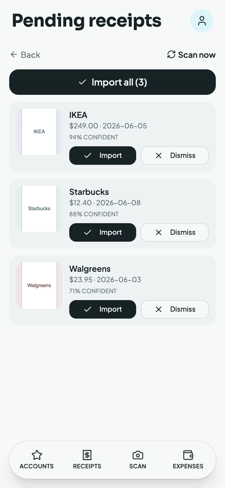Mylo Pending receipts screen showing IKEA, Starbucks and Walgreens receipts found in the camera roll with confidence scores, ready to import