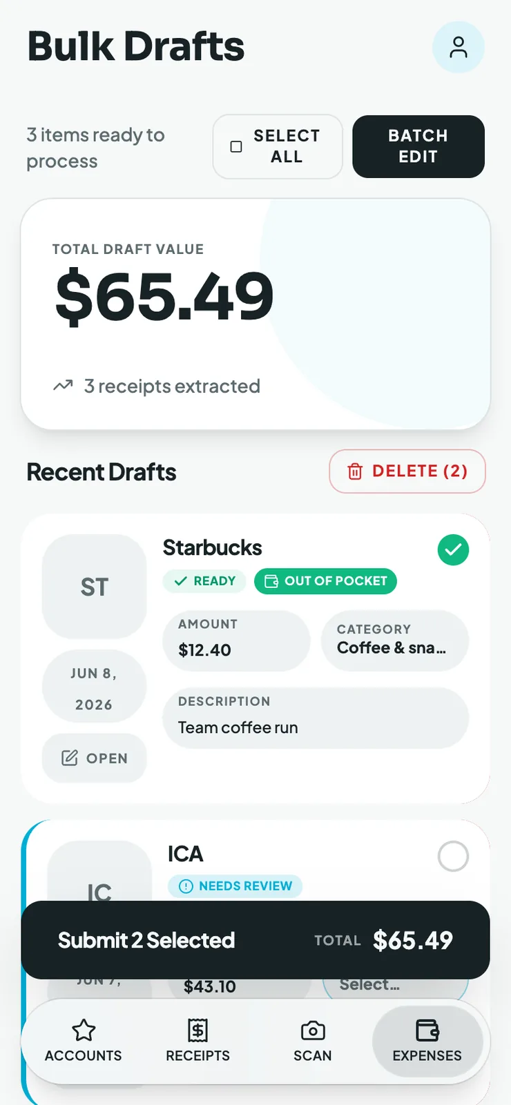 Mylo Bulk Drafts screen with expenses drafted from receipts, categorized and ready to submit