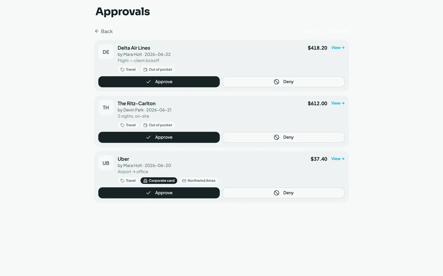 The Mylo approval queue showing submitted expenses awaiting a decision