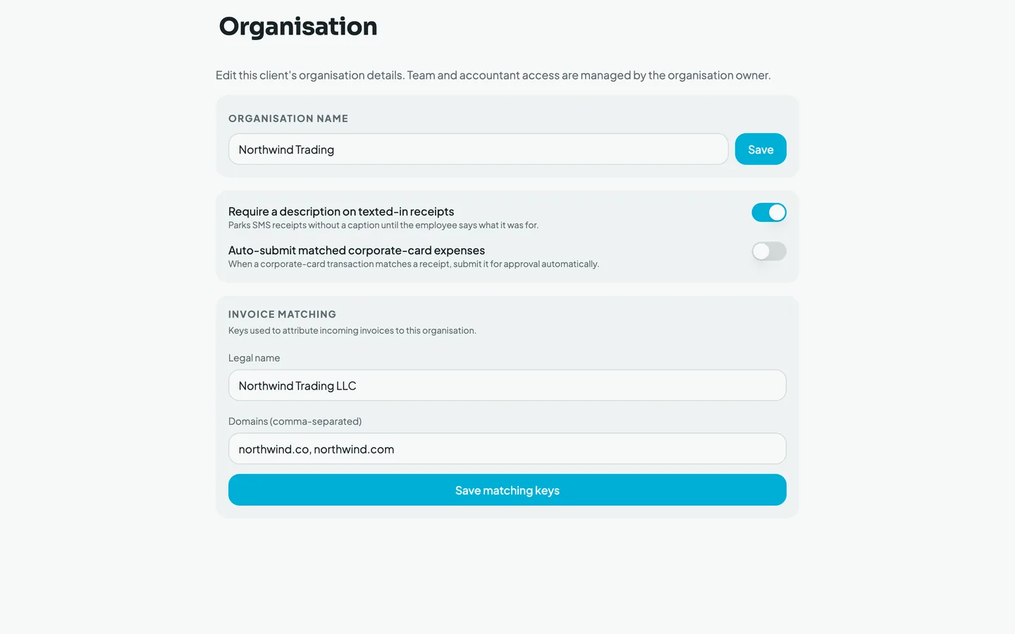 Mylo Organisation settings for editing a client's details, receipt rules and invoice matching keys