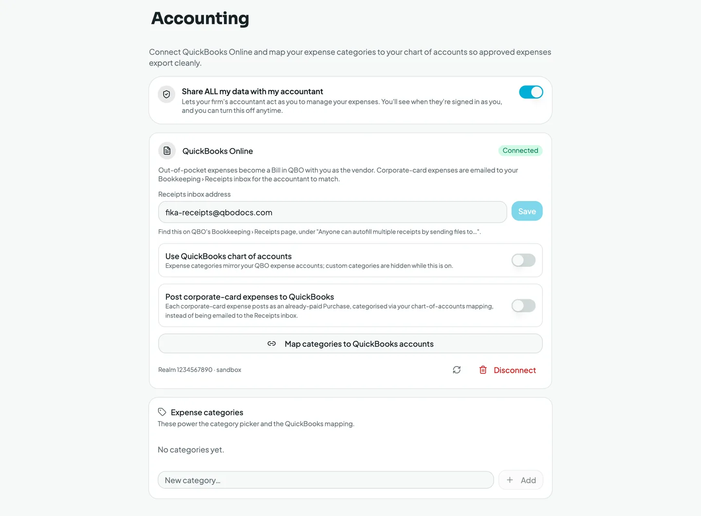 Mylo Accounting settings connected to QuickBooks Online with category mapping to a chart of accounts