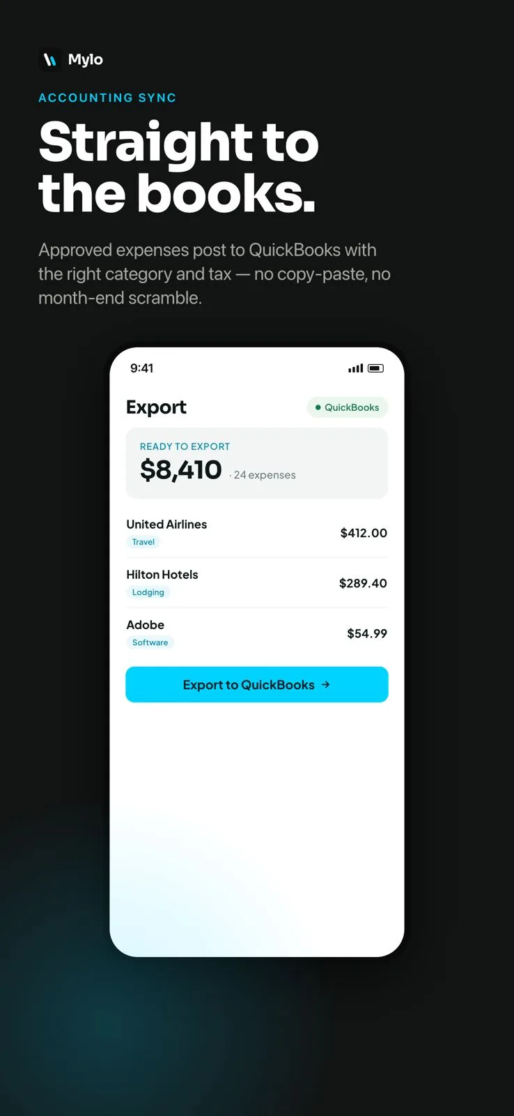 Mylo export screen syncing categorized expenses to QuickBooks