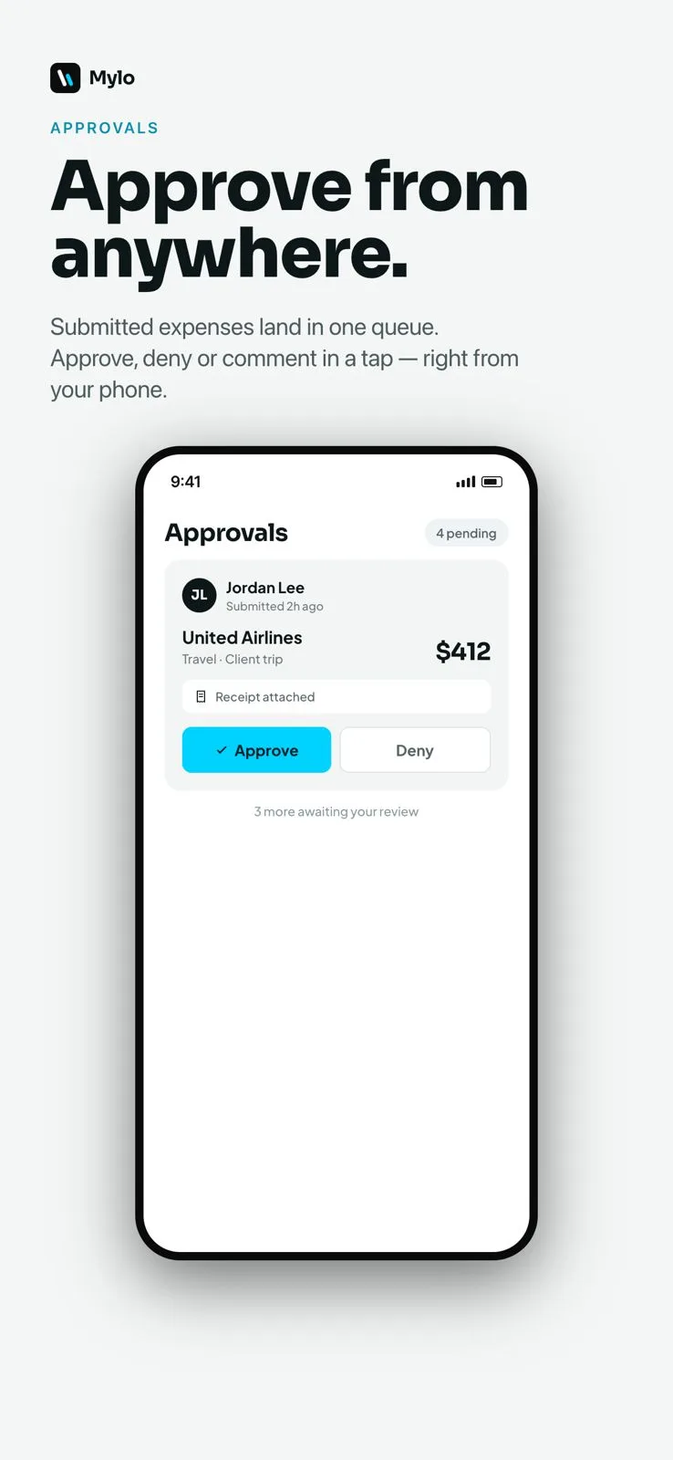 An expense pending approval in Mylo with the receipt attached