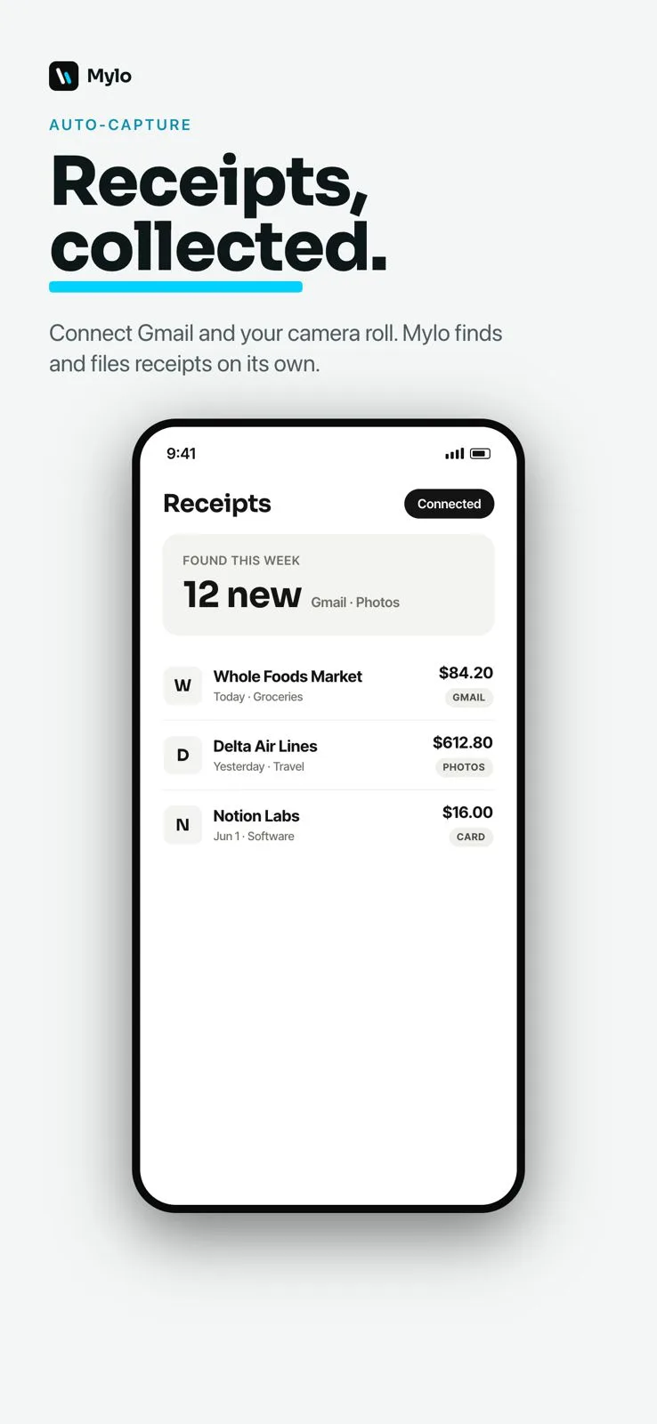 Mylo receipts screen showing new receipts found this week from Gmail and photos