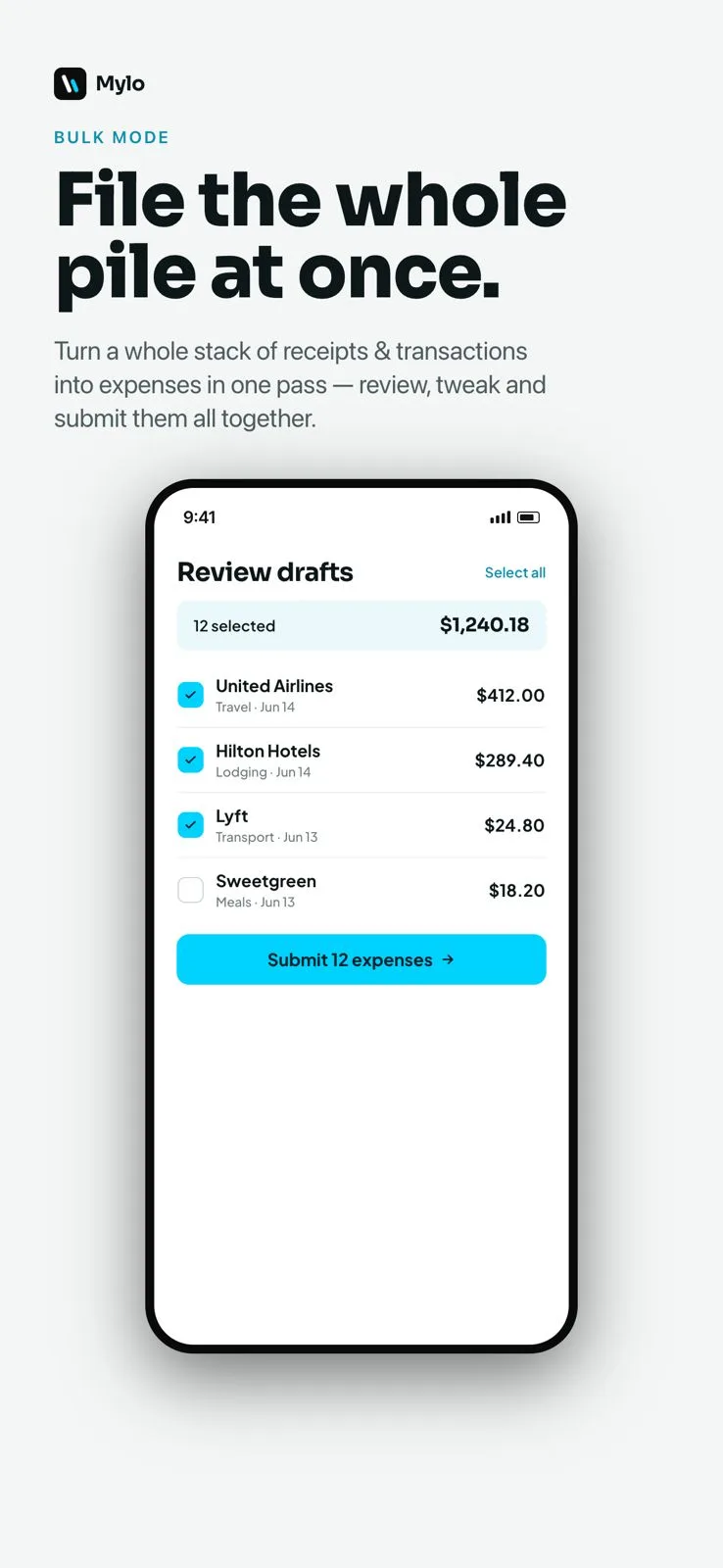 Mylo bulk mode showing a full backlog of expenses in one reviewable grid