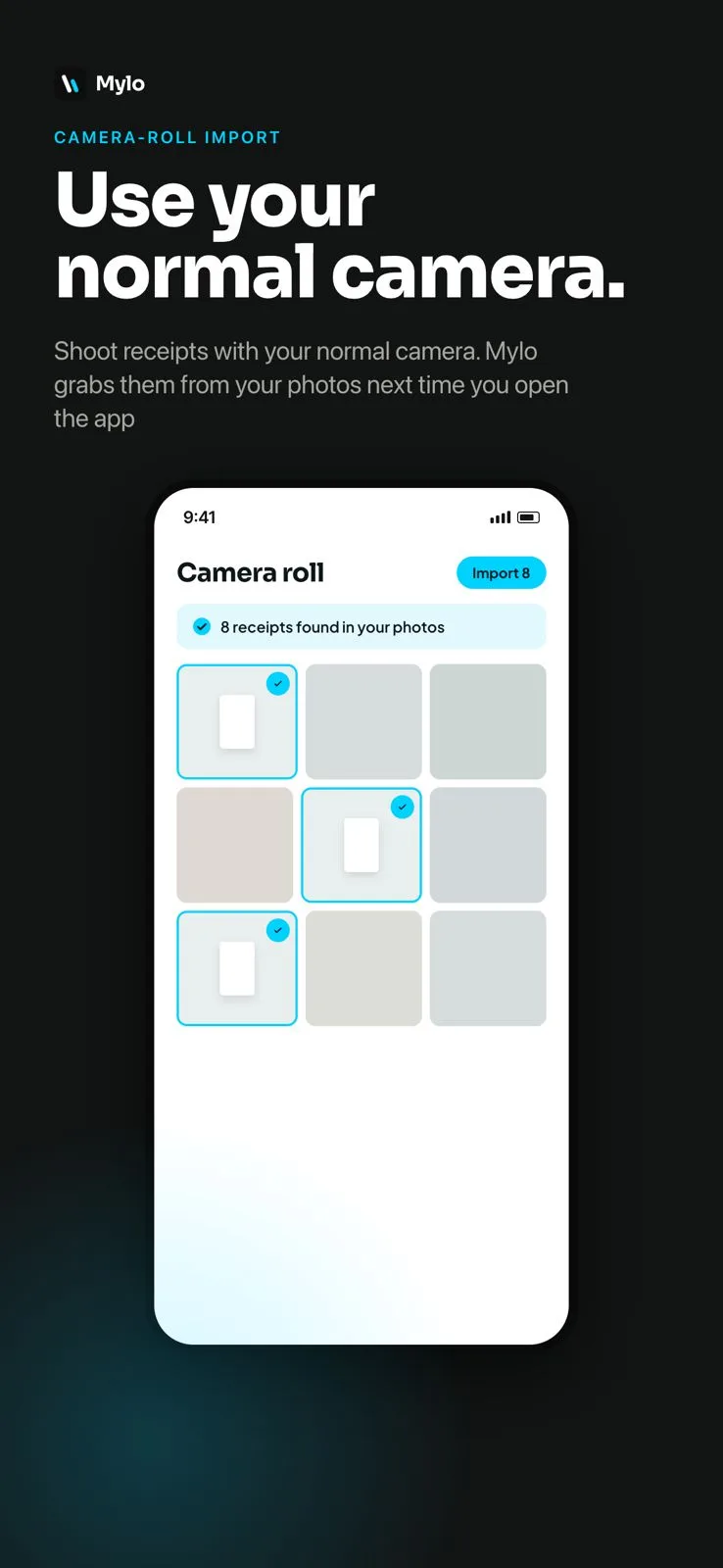 Mylo detecting receipts in the camera roll and offering them to import