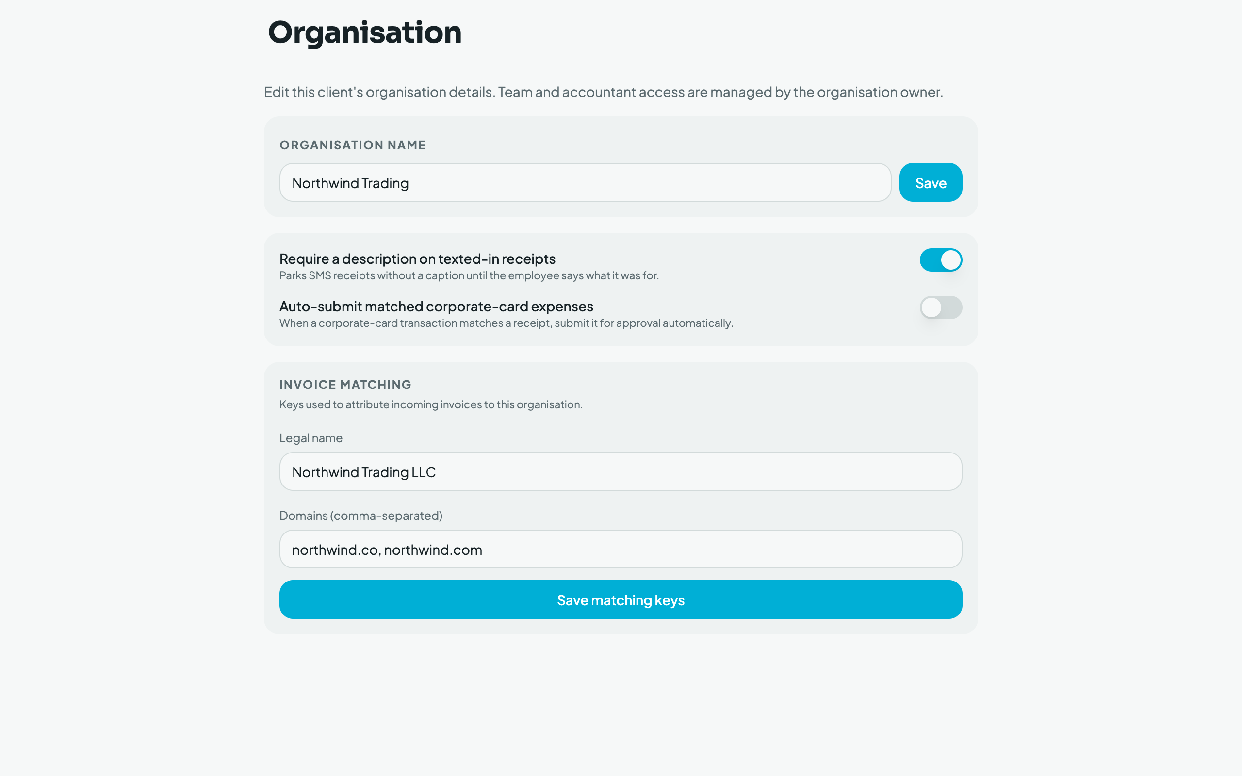 Accountant-scoped client org settings (desktop)