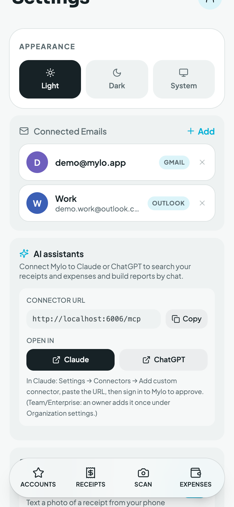 AI assistants / MCP connector in Settings