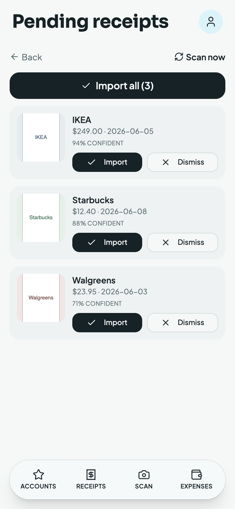 Pending camera-roll receipts to review