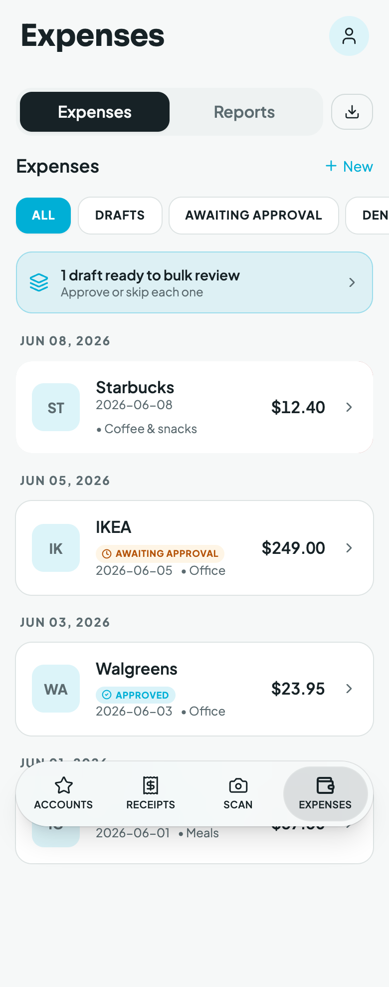 Expenses list with status filters