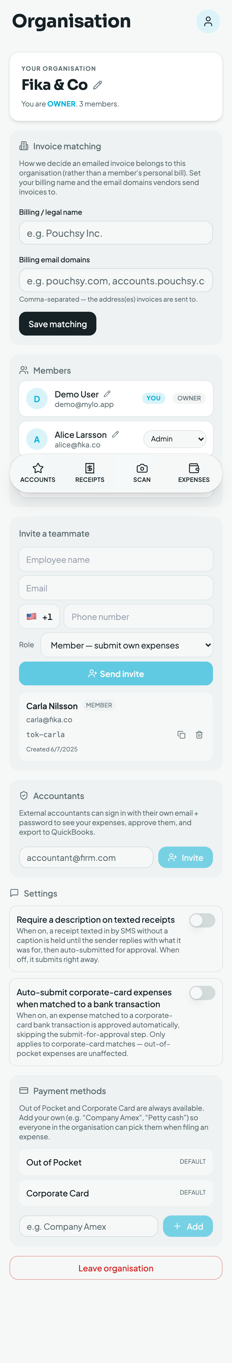 Organisation settings: invite a teammate and connect an accountant