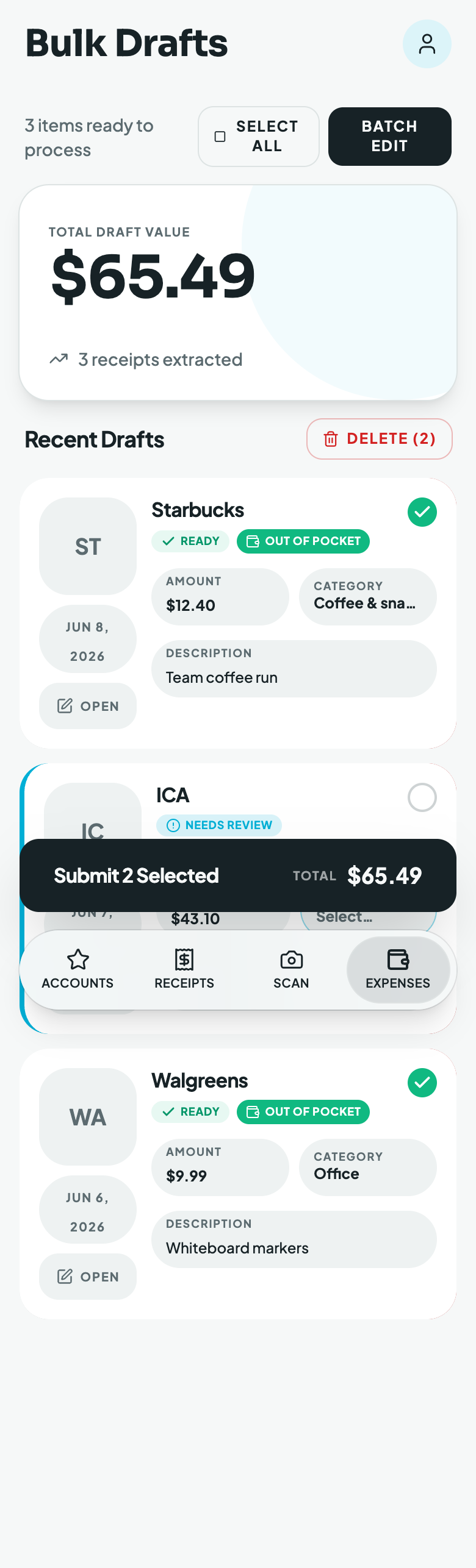 Review and submit draft expenses in bulk