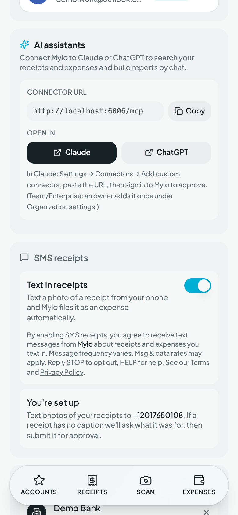 SMS receipts opt-in in Settings