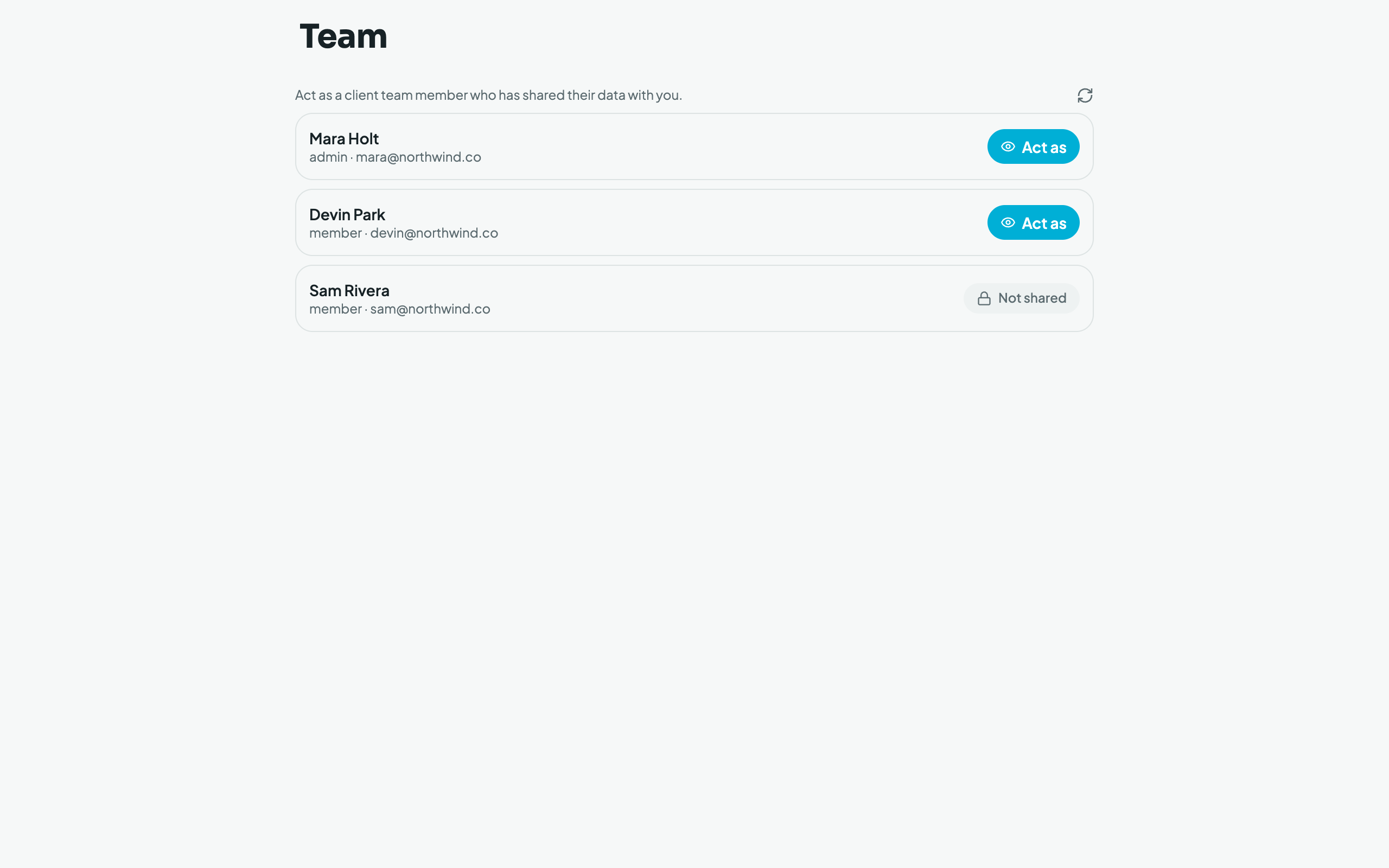 Accountant Team page with Act as buttons